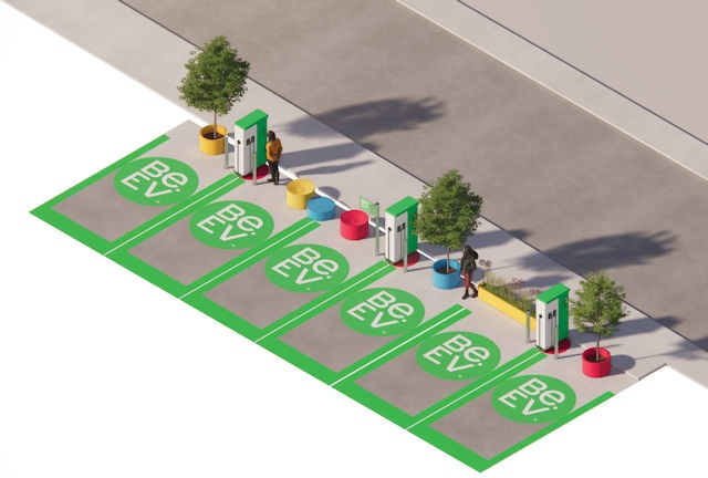 Uniquely, Be.EV uses the roll-out of its charging hubs as an opportunity to enhance the public realm and green charger settings as much as possible. Designs for charging bays in existing carparks include seating and planters alongside generous, accessible bays