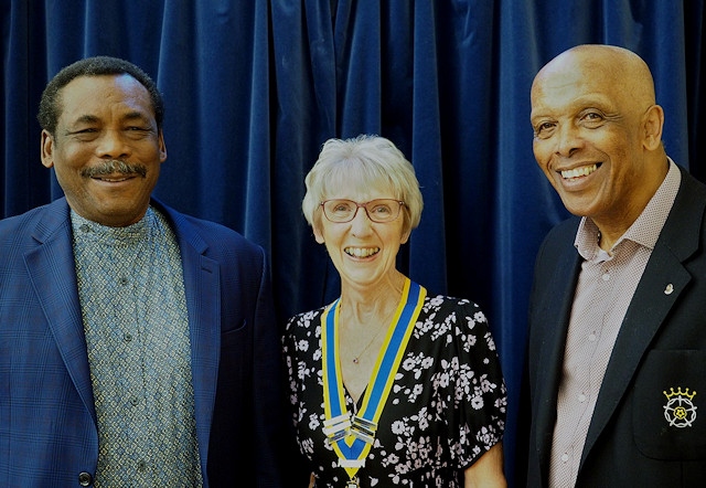 L-R Sir Gordon Greenidge, president of Rochdale Rotary Linda Mainwaring and Rotarian John Holder