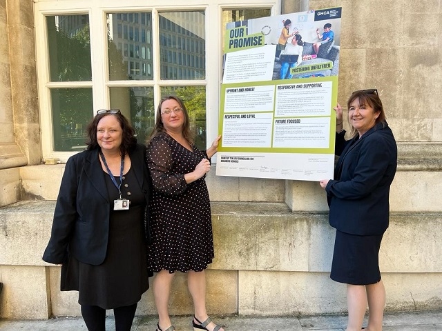 Tracey Johnson, Head of Service, Cared for Children; Cllr Rachel Massey; and Sharon Hubber, Director of Children's Services holding the pledge.