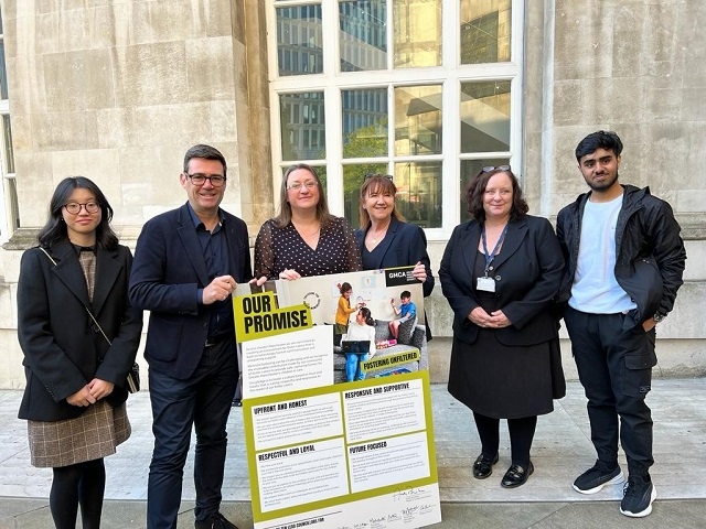 Two students from Rochdale Sixth Form shadowing Mayor Andy Burnham, pictured with Cllr Rachel Massey; Sharon Hubber, Director of Children's Services; Tracey Johnson, Head of Service, Cared for Children