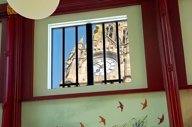 New skylights within the room offer breathtaking views of the town hall's clock tower