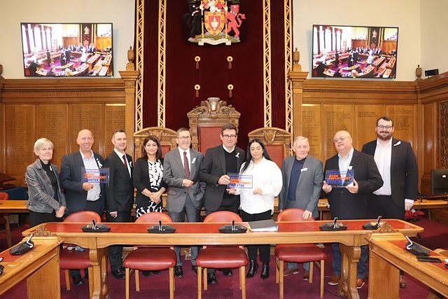 Mayor of Greater Manchester Andy Burnham presents Good Employment Charter plaques to Neil Emmott, Leader of Rochdale Council; Nick Peel, Leader of Bolton Council; and Arooj Shah, Leader of Oldham Council