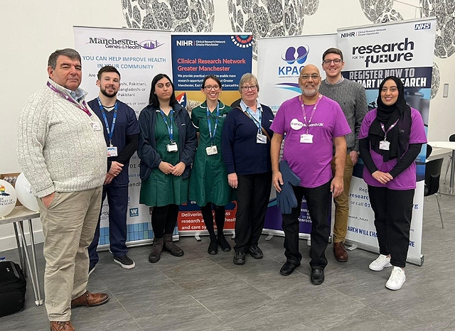 Members of the Clinical Research Network Greater Manchester team with Khalid Bashir (in the purple Kidney Research UK T-shirt)