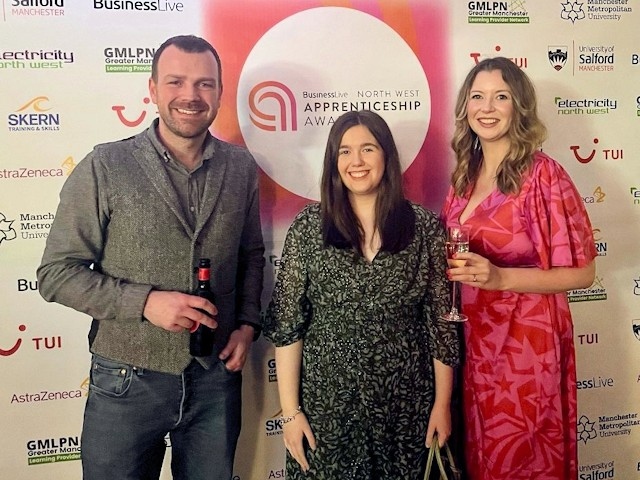 Junior Digital Marketing Executive Madeline Thorp, Apprentice of the Year finalist, flanked by Cornerstone MD David Wadsworth and Jess Gibbs, the agency’s Head of Digital