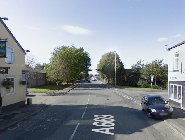 The junction of Spring Vale (right) with Oldham Road (centre); the Hare and Hounds pub can be seen on the left