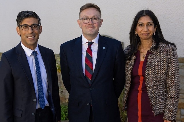 L-R: Prime Minister Rishi Sunak, Heywood and Middleton MP Chris Clarkson, and Home Secretary Suella Braverman