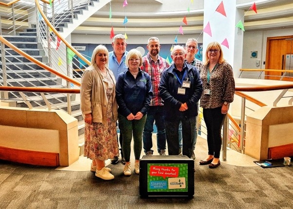 L-R: - Louise Scott, Michael Scott (both H Bell & Sons), Cath Entwistle (Foodbank), Stewart Sagar (Mysonpages), Iain Wight (Foodbank), Dave Brereton (Mysonpages) and Lana Aldred (Zen Internet)