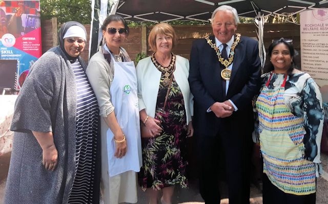 Mayor Mike Holly with Mayoress Margaret Holly and stallholders at the Springhill Hospice Food and Drink Festival