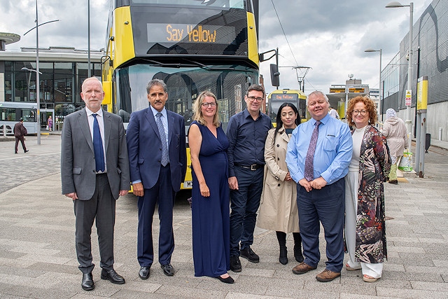 (L-R) Vernon Everitt, Councillor Shah Wazir, Councillor Lucy Smith, Andy Burnham, Councillor Arooj Shah, Councillor Neil Emmott, Lorna Fitzsimons