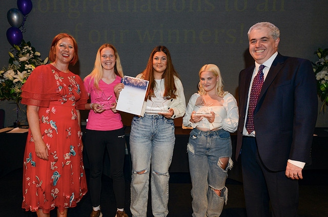 (L-R) Princpal Julia Heap, Bronze winner Jessica Fewtrell, Gold winner Gina Khan, Silver winner Mia Lloyd Riley, and Assistant Principal Greg Scully