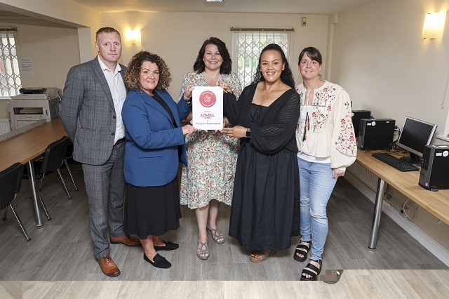 L-R - Nick Bury and Louise McGaffigan, both Designer Contracts; Laura Taylor, community engagement manager at Lovell; Kerry Edwards and Trisha Hayes, both Burnside Centre