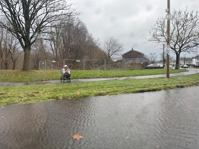 Mainway East roundabout in Alkrington left underwater following Storm Darragh