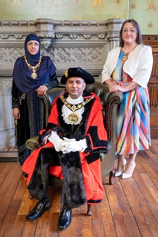 New mayor Councillor Shakil Ahmed with his mayoress Robina Bi and consort Councillor Rachel Massey