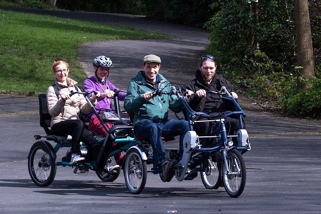 Participants try out the adapted cycles in Hyde Park, Tameside, as the Cycling UK scheme launches