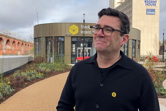 Greater Manchester Mayor Andy Burnham at the launch of Stockport\'s new transport interchange