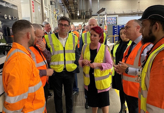 Transport minister Louise Haigh meets GM mayor Andy Burnham in Oldham bus depot to learn more about the Bee Network