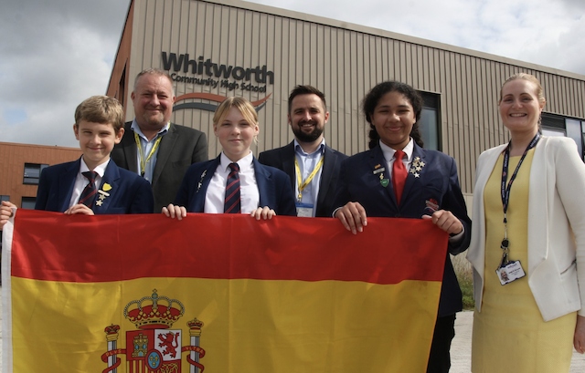 Students James, Aimee and Teagan with Daryl Thornhill and Gavin Barry from RRG Toyota, and Spanish teacher Mrs Allen