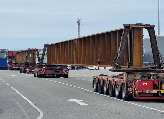 Beams for the Castleton Bridge over M62 arriving at Holyhead harbour in July