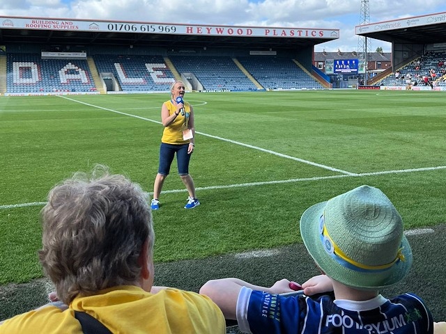 Maria Boscombe sang Sweet Caroline at Rochdale AFC as part of her challenge