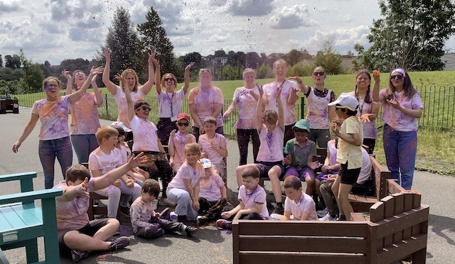 The children completed an obstacle course around the playground whilst being bombarded by coloured powder.