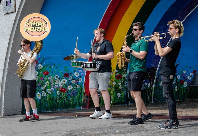 High energy party band The Stray Horns on stage at Queen’s Park, Heywood