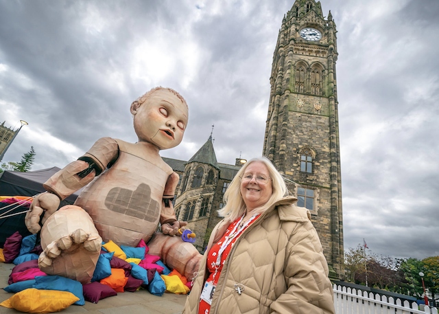 Councillor Sue Smith, cabinet member for communities and cooperation with Lilly at Rochdale Town Hall