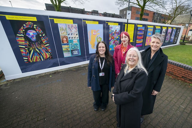  Councillor Sue Smith (front), with councillor Angela Brown, Leah Curran, Culture Co-op and Estelle Rowe, chief executive of Your Trust at the outdoor art gallery in Heywood