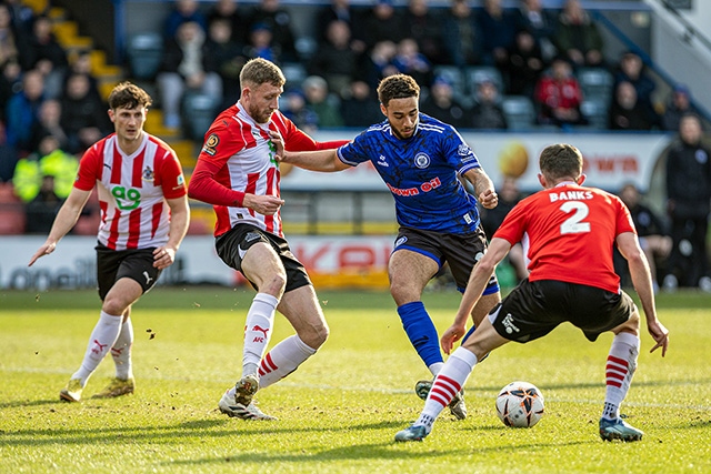 Jay Bird having turned his marker and about to shoot and score his first Dale goal on his debut