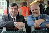 Chairman of the Passenger Transport Authority Roger Jones and Andy Morris on board a Metrolink tram