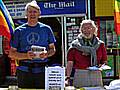 George Abendstern and Philip Gilliganwith their leaflets in Milnrow 