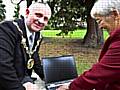 Mayor Ashley Dearnley & Mayoress Beryl Wright with a Laptop Computer