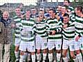 Rochdale Catholic Club players pop the champagne cork to celebrate their First Division title win