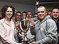 Rochdale Online Finance Director Claire Blanthorn presents the cup to Weavers Arms