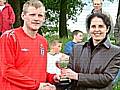 Man of the match, Craig Wood of Wardle receives his trophy from Pauline Journeaux, Rochdale Online