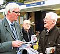 Paul Rowen discusses the bid with John Rodgers and local resident Ken Feven at Rochdale train station earlier this week.