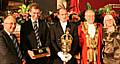 The officials at the ceremony, Chief Executive of Rochdale Council, Roger Ellis, Rochdale AFC Director Graham Morris, Mayors Attendant, Andrew Hegarty, Mayor, Councillor Robin Parker and Mayoress Ann Jones.