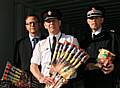 Graeme Levy, represententing the local Authority Trading Standards partners, Area Commander Russ James, from Greater Manchester Fire and Rescue Service and Chief  Superintendant Jon Rush, Greater Manchester Police with fireworks just before they were destroyed.