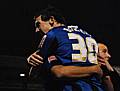 Buckley celebrates his goal with Joe Thompson and Nicky Adams.