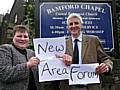 Councillors Angela Coric and William Hobhouse promoting the new area forum at Bamford Chapel.