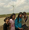 The girls take a trip to the turbines on Scout Moor