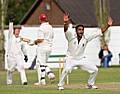 Kash Weeraratne celebrates the vital wicket of Simon Wright during Rochdale’s Wood Cup semi-final victory over Crompton. The Sri Lankan professional has this week agreed terms with the Redbrook club for next season.