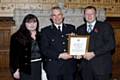 Former PC Stephen Splaine with Catherine Mitchell and Greater Manchester Police's Chief Constable, Peter Fahy