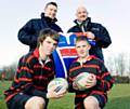 Link4Life's John Taylor and Hornets CEO Mike Banks shake hands on the great new deal to promote grassroots Rugby League, pictured with, left, Patrick Doyle and David Eastham, participants in this weeks Rochdale Rugby League Schools Festival