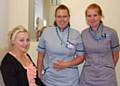 First patient through the door, Ellie Hayward with nurses Michelle Smith and Melanie Hamer.
