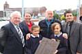 Middleton Township Vice Chair Councillor Alan Godson, Debbie Teale, Community Champion for the new Tesco store, artist Tim Rushton, and Martin Ledson from Rochdale Development Agency are joined by youngsters from St John Fisher Primary School