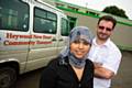 Happier times... Hema Begum, Investment Marketing Coordinator for RDA, welcomes Neil Foley and  Heywood New Heart Community Transport to Heywood Distribution Park 