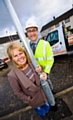 The borough's first new street lights are installed on Bonscale Crescent in September 2011.  Councillor Jacqueline Beswick, Cabinet Member for Partnerships met with Eon PFI Manager Greg Watson as the first column is installed.