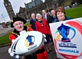 The Mayor of Rochdale celebrates the announcement with Louise Spencer, Chief Executive of Rochdale Hornets. (Left to right: Chair of Link4Life Brian Ashworth, Mayoress Gillian Brown, Council Leader Colin Lambert, John Patterson, Executive Director, Rochdale Borough Council.