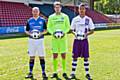 Gary Jones, Owain Fon Williams and Joe Thompson model Rochdale AFC's new home, goalkeeper's and away kits