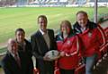 Jon Dutton, Rugby League World Cup Host Cities Manager (centre) with from left to right: John Patterson, Rochdale Borough Council, Ryan Bradley, Community Rugby League Manager, Louise Spencer and Mark Wynn, Rochdale Hornets.
